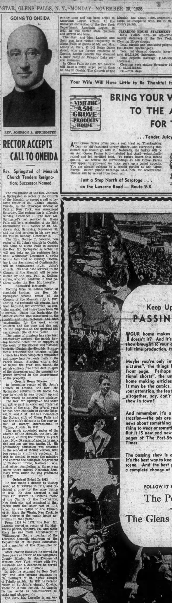 Father Lascelle leaving Oneida church 11/25/1935